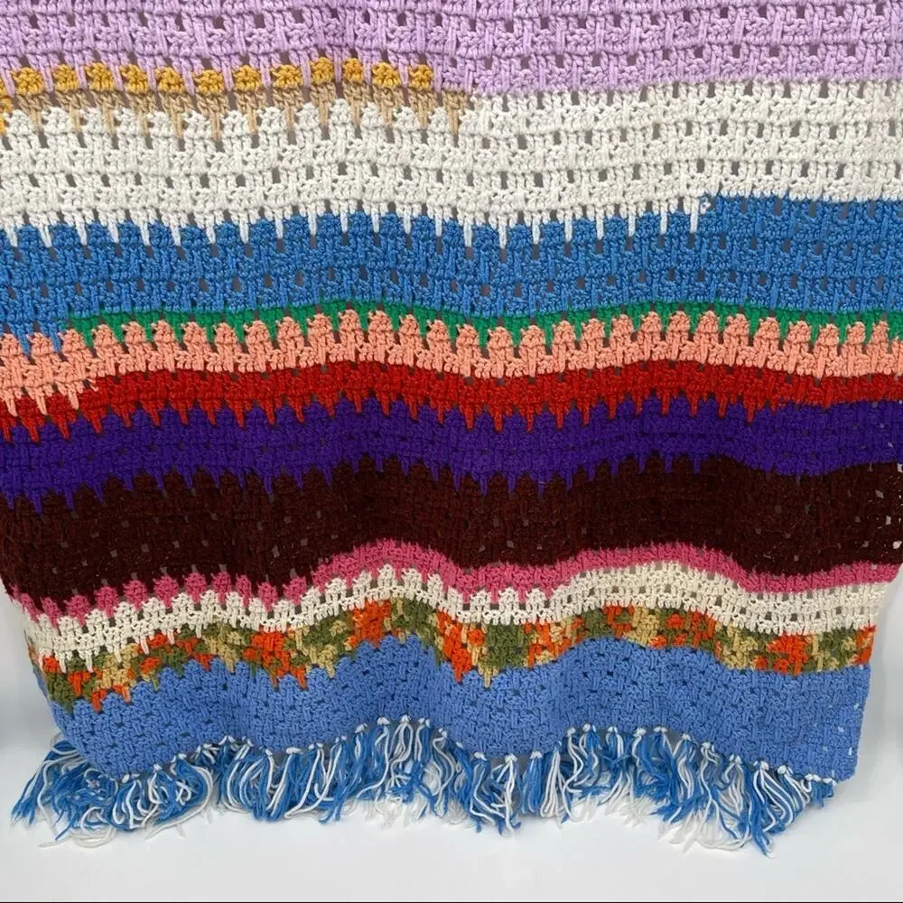 VINTAGE Handmade Blanket Grandma Style Granny Knit Stripes Colorful Throw 60x82”